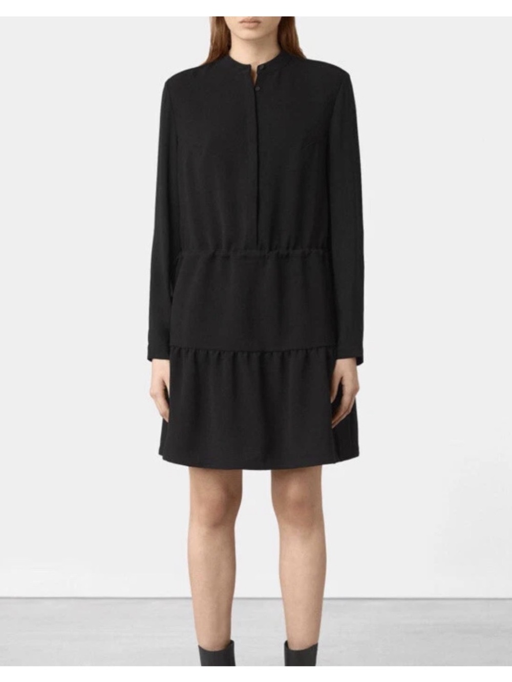 AllSaints Long Sleeves Drop Waist Side Tie Black Dress Size US4